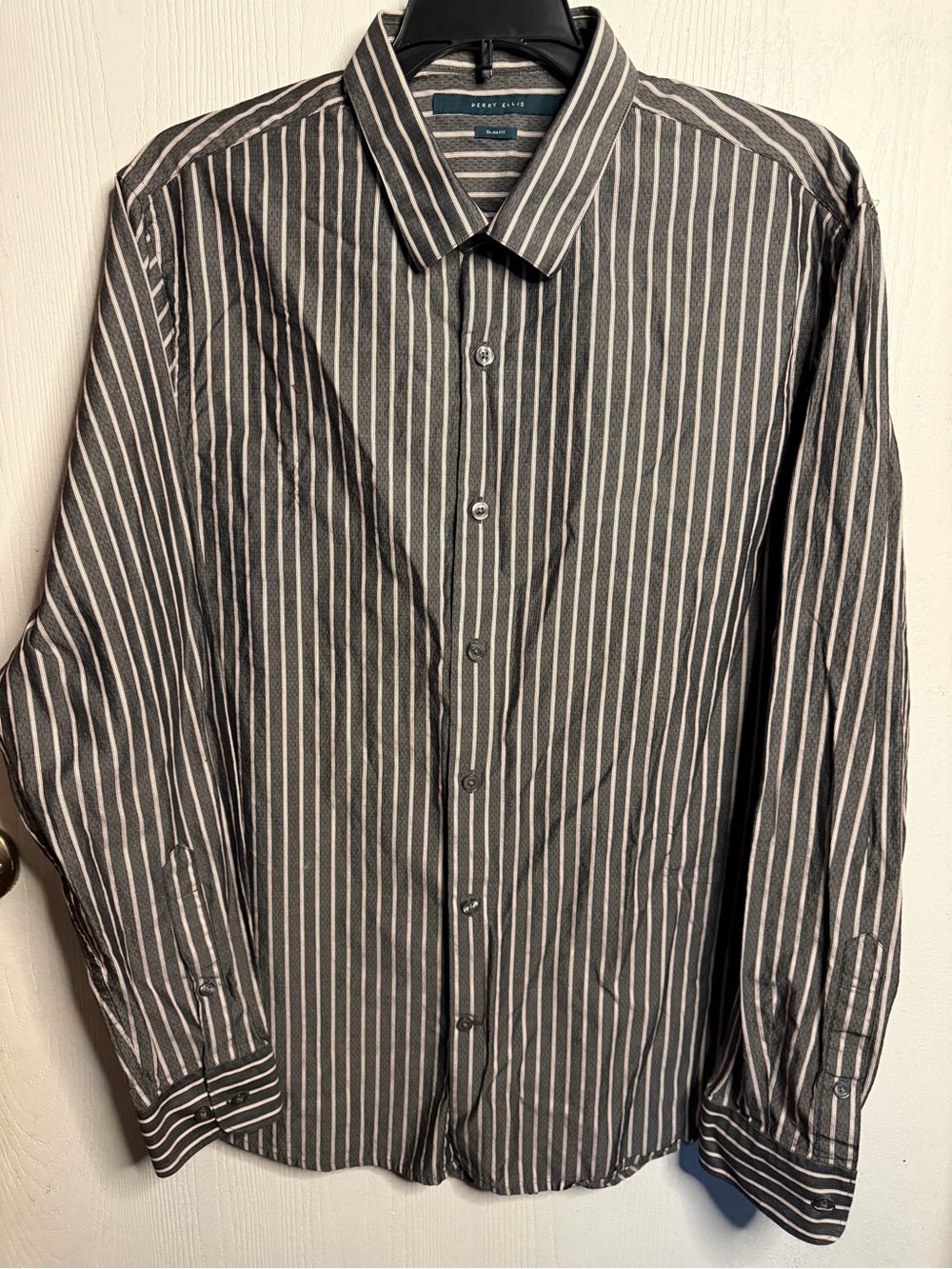 Perry Ellis Grey and White Vertical Stripe Button-Down Shirt